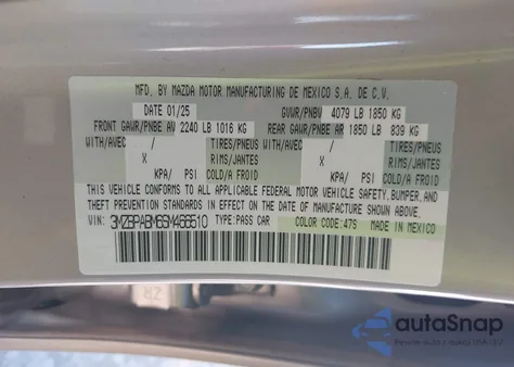 2025 Mazda Mazda3 2.5 S Select Sport from USA, damaged, VIN 3MZBPABM6SM466510